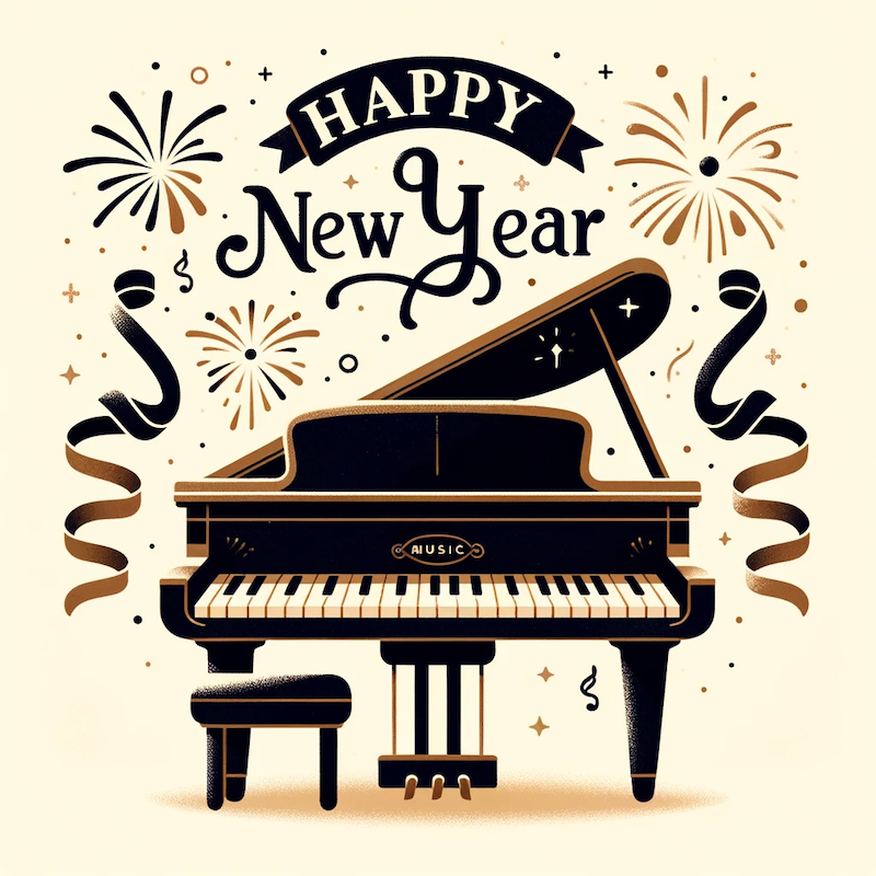 Happy New Year from Selah Music Ankeny. Grand Piano image with fireworks and ribbons surrounding the piano.