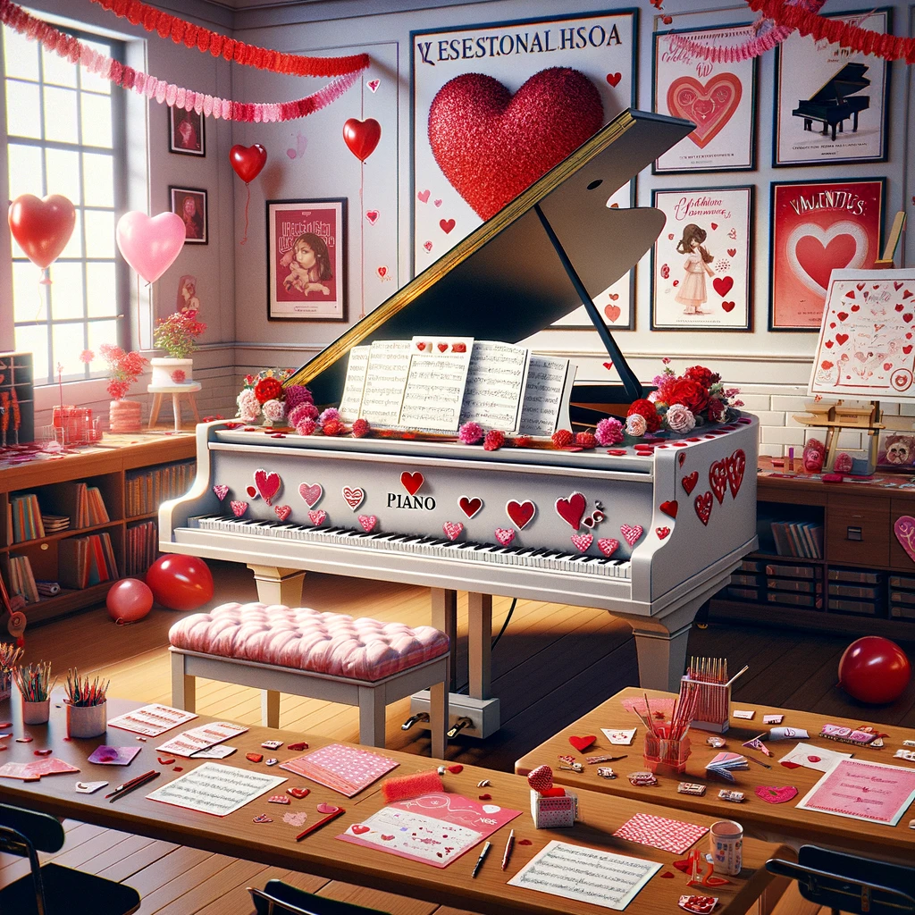 White grand piano decorated in a room for valentine's day.