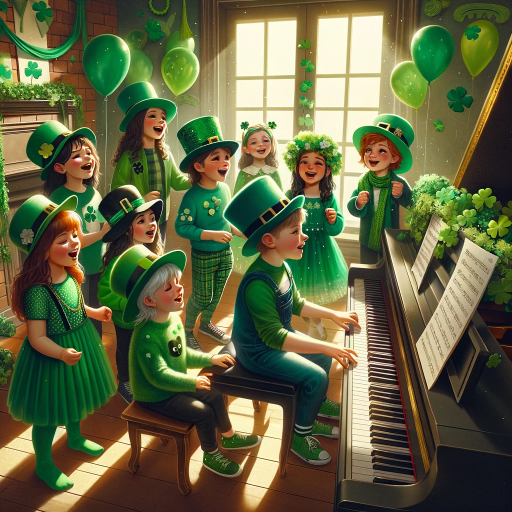 children dressed up in green st patrick's day surrounding a child playing the piano